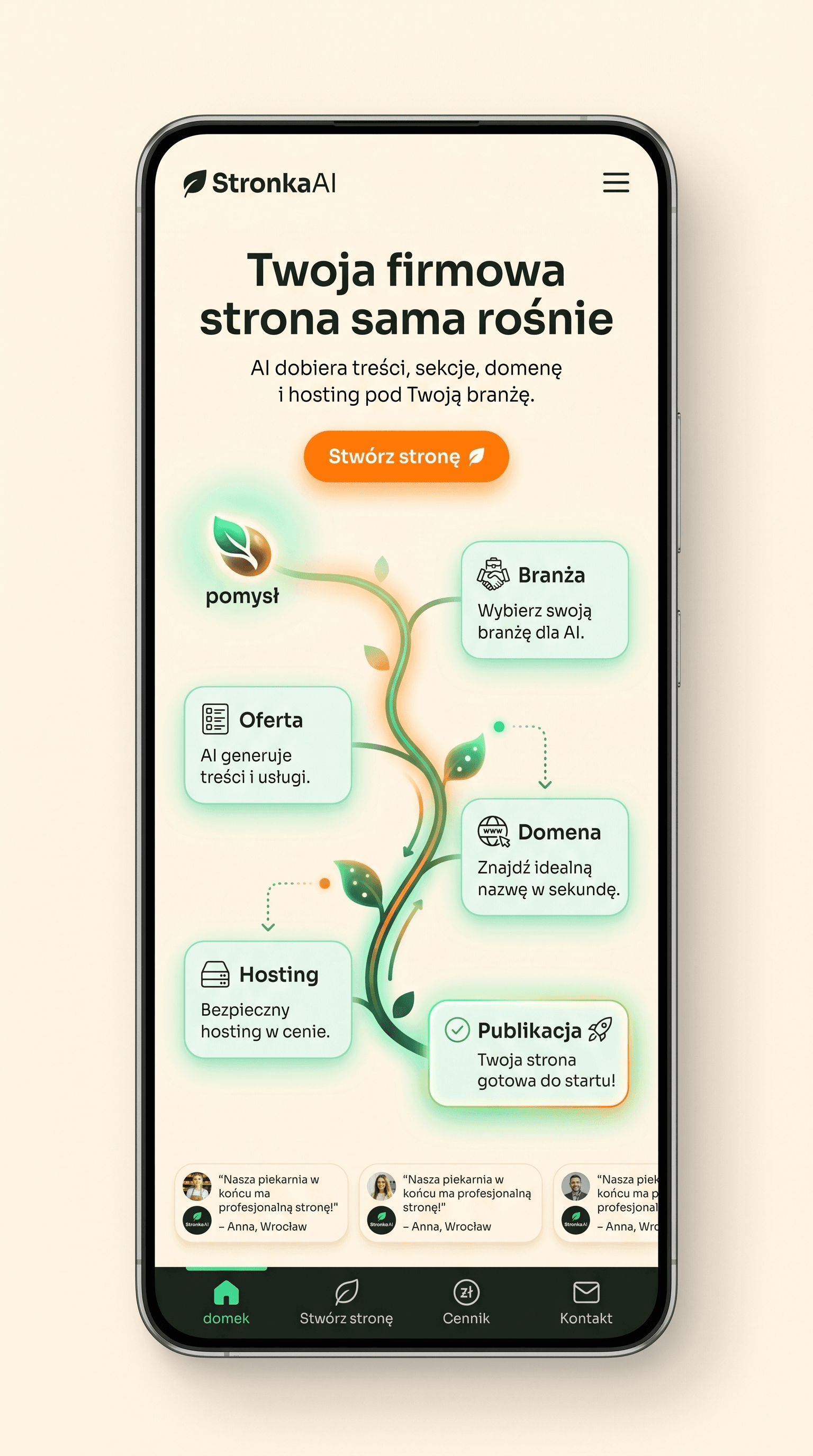 Mobilny podgląd strony StronkaAI w wariancie Growing Page